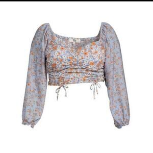 Blue Floral Long Sleeve Ruched Crop Top Adjustable Length Size XXL